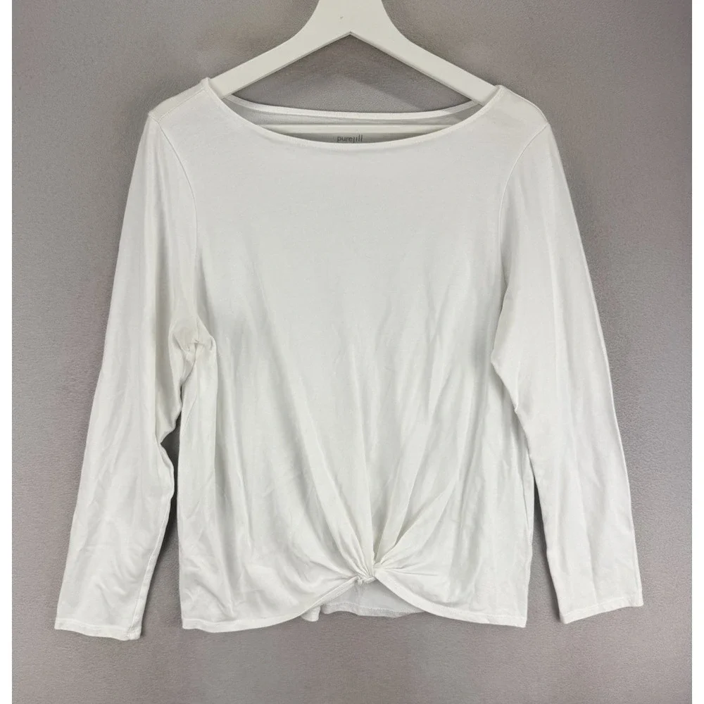 Pure Jill Women's Sz M White Scrunch Twist Front Boat Neck oft Kno Top - Picture 1 of 7